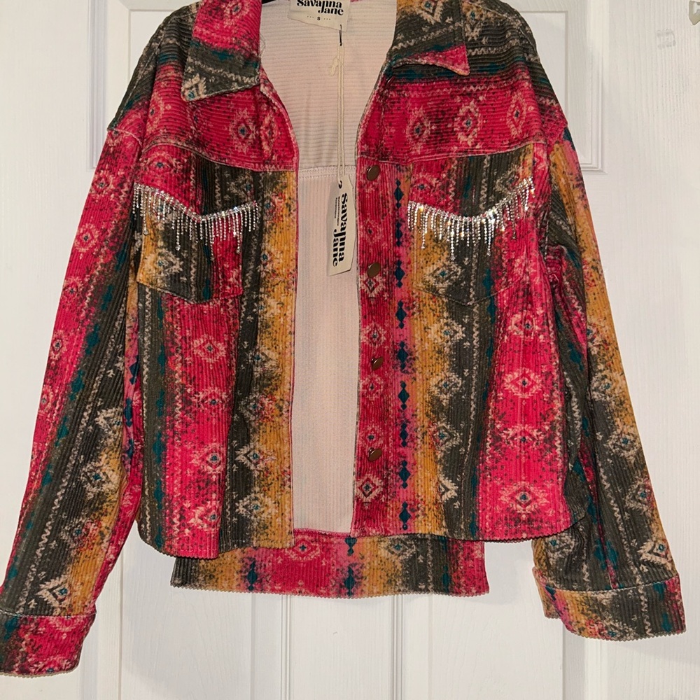 Savanna Jane Red and Yellow Utility Jacket with Bold Stripes